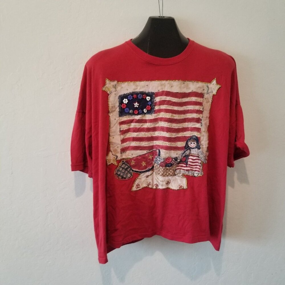 Vintage Decosport Women's US American Flag Button Embroider Shirt Plus Size Red